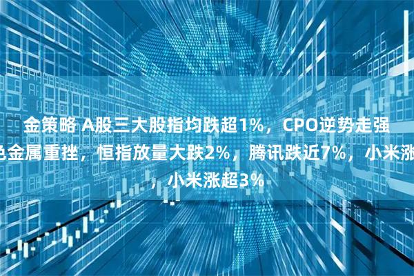 金策略 A股三大股指均跌超1%，CPO逆势走强，有色金属重挫，恒指放量大跌2%，腾讯跌近7%，小米涨超3%